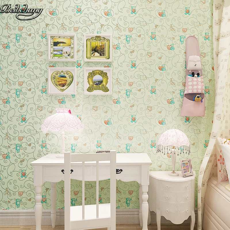 beibehang 3D Stereo Pastel Pink Green Wallpapers Boys and Girls Princess Room Bear Hearts Kids Room Cartoon Wallpapers beaba solo pastel pink