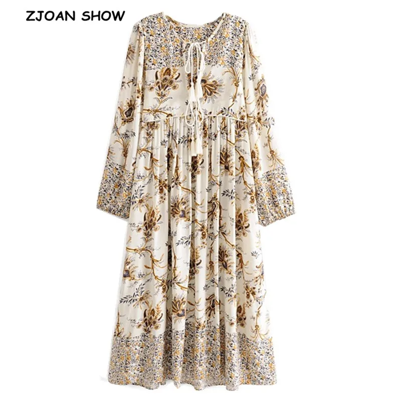 

2019 New Bohemian Lace up V neck Location Floral Print Dress Beige Ethnic Woman Tassel Long Sleeve Holiday Long Dresses Vestido