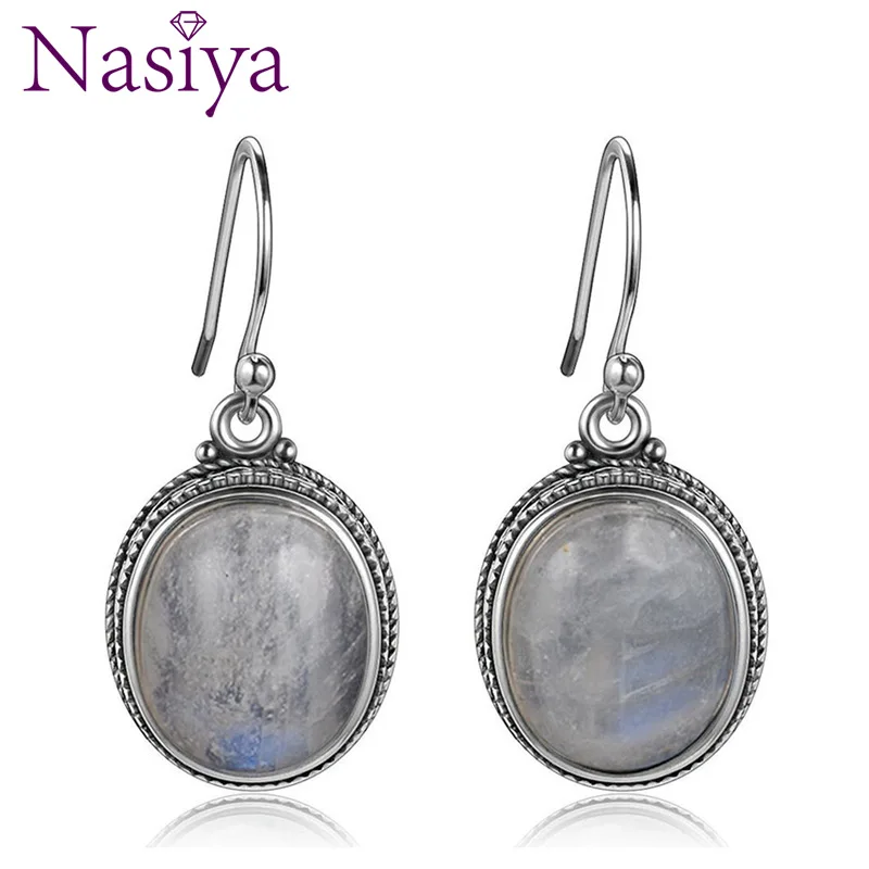 Nasiya, винтажные овальные серьги-капли с натуральным лунным камнем для женщин, девушек, 925 пробы, серебряные ювелирные изделия, вечерние, для помолвки, подарок на день рождения