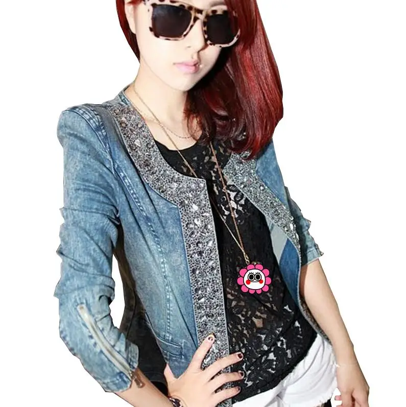 2017 European wind autumn and winter new denim font b jacket b font Female retro diamond