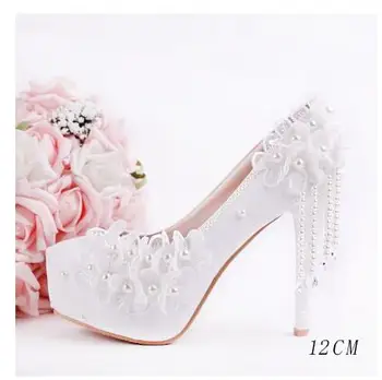 

New Arrival Lace Wedding Women Shoes Fashion Sweet White Flowers PumpsPlatform Hig h Heels Pearls Wedding Shoes Bride Dress Shoe
