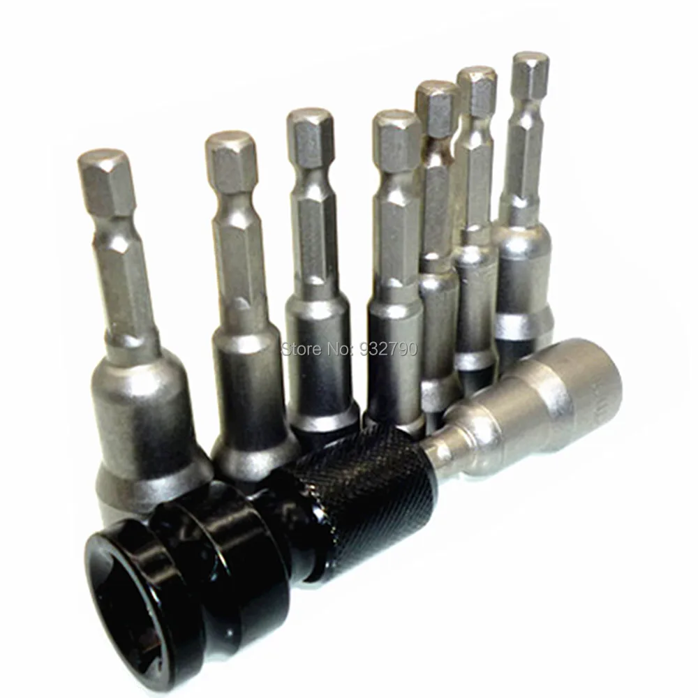 

1/2" Square Socket Dr To 1/4" Hex Shank Adaptor + 8pcs Metric Magnetic Nut Driver Hex Drive Drill Socket 6-13mm 1/4" Hex Shank