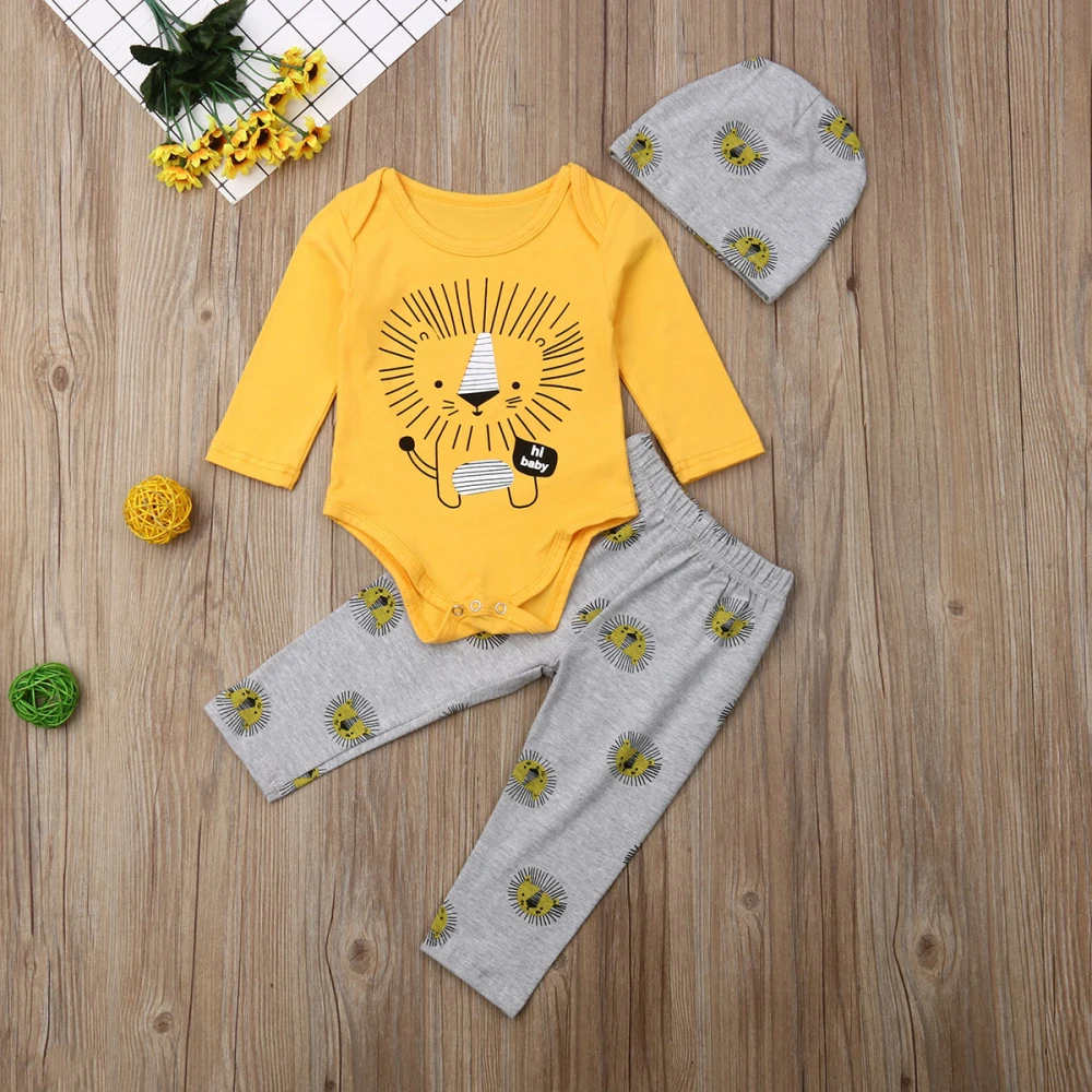 New Autumn Kids Baby Clothes Boy Lion King Print Long Sleeve Tops Romper Pants Hat 3PCS Casual Clothes Cartoon 0-3 Years