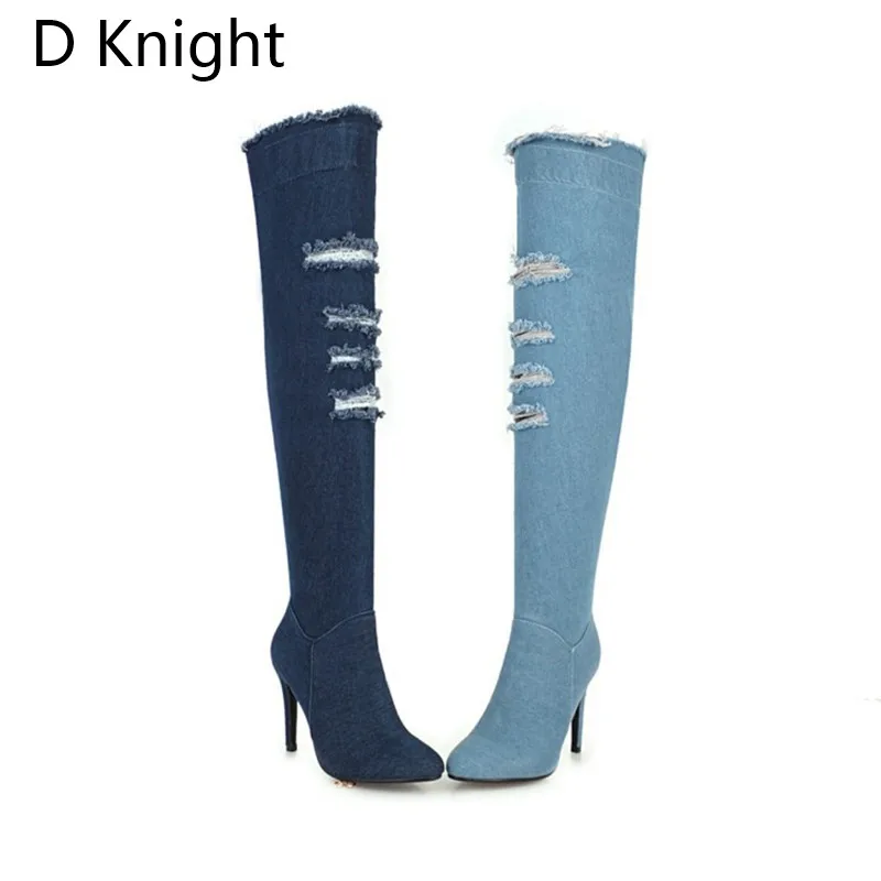 2018 Winter Boots Sexy Ponited Toe Women's Over The Knee Boots Fashion Denim Blue thigh High Boots Large Size 48 High Heels Boot (3)