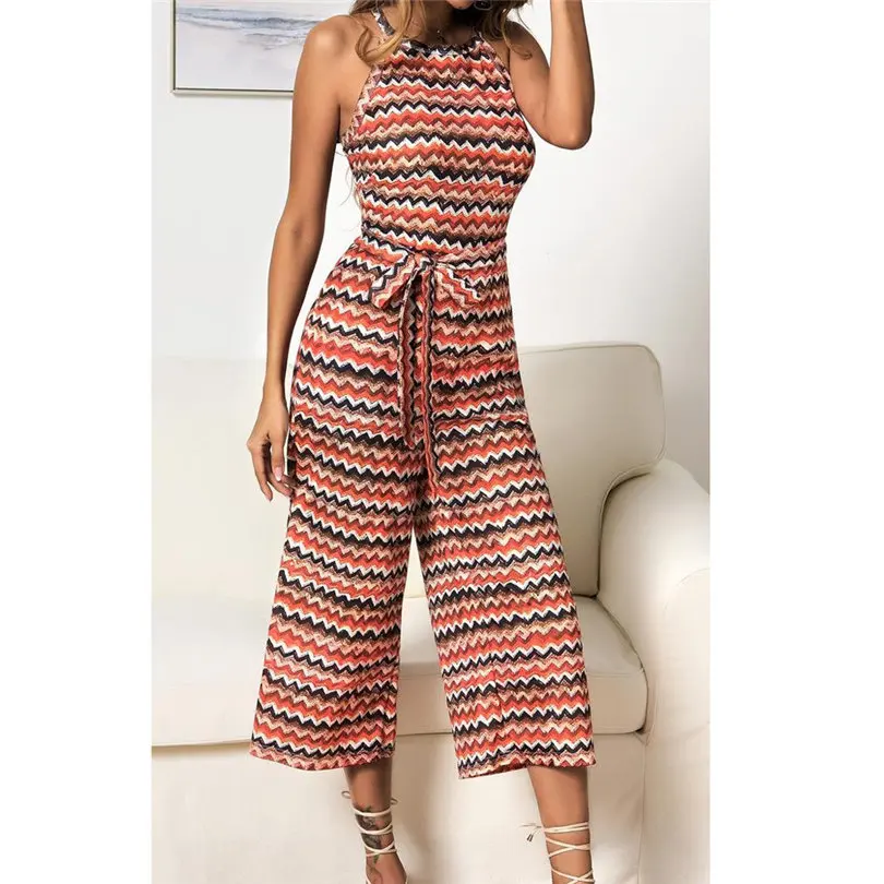 New Fashion Women Summer Sexy Sleeveless Multicolour Striped Jumpsuit Clubwear Wide Leg Pants Outfit Long Pants Jumpsuit #4A18 (30)