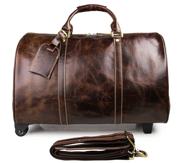 Для мужчин большой натуральная кожа Путешествия колесный вещевой коровьей троллейбус случае 2" коричневый большой прокатки багажа Бостона мешок