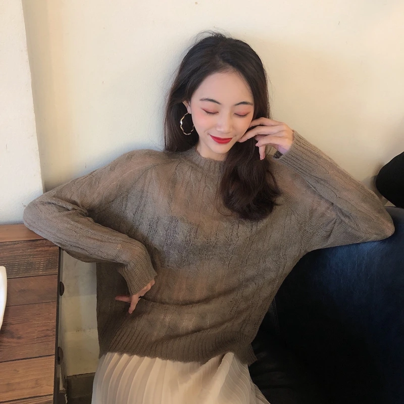 

Twisted Perspective Korean Autumn Ladies Sweater New 2019 Long Sleeve Brown White Blue Knitted Causal Pullovers Women Sweater
