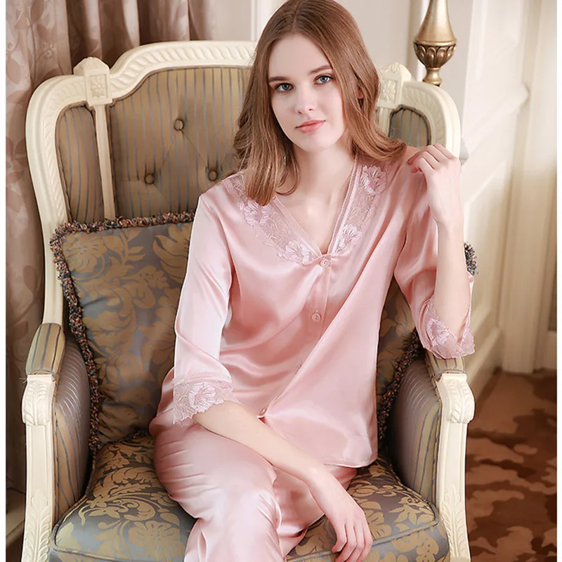 Valentine Brand Twinset Pure Silk Sleepwear Summer Women 100 Mulberry Silk Two Piece Pajama