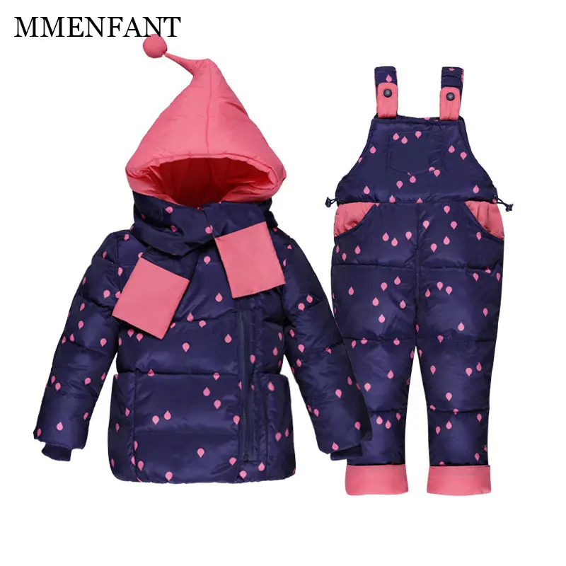 

Children clothes boys girls winter warm down jackets ski suit set rain printing thick coat+jumpsuit baby clothes set kids jacket