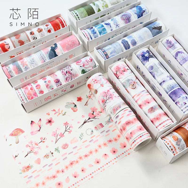 

8pcs/pack Flowers And Whale Washi Tape Adhesive Tape Diy Scrapbooking Sticker Label Masking Tape