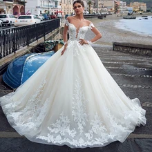 Liyuke бальное платье с глубоким вырезом, свадебные платья, кружевные аппликации, прозрачные длинные рукава, сзади, иллюзия, тюль, свадебное платье, часовня, поезд