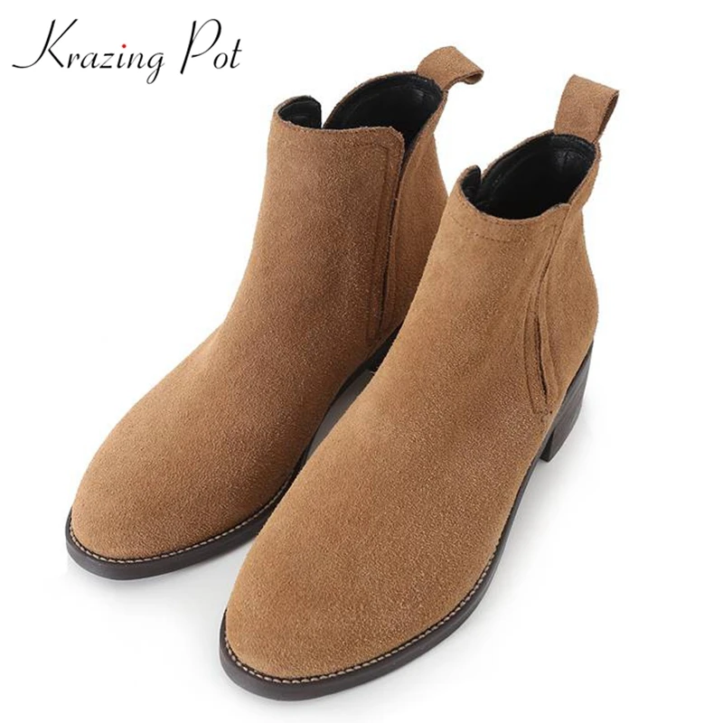 

krazing pot cow suede round toe cowboy boots European mature lady streetwear European lazy design high fashion ankle boots L1f3