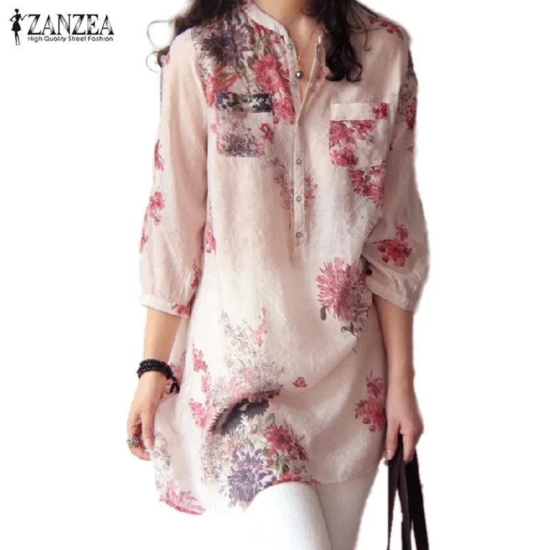 ZANZEA 2016 Blusas Femininas Женщины Моды Случайные Старинные Цветочные Печатные Длинные