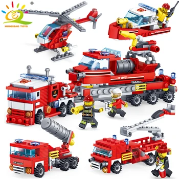 HUIQIBAO 348pcs Fire Fighting car Helicopter boat
