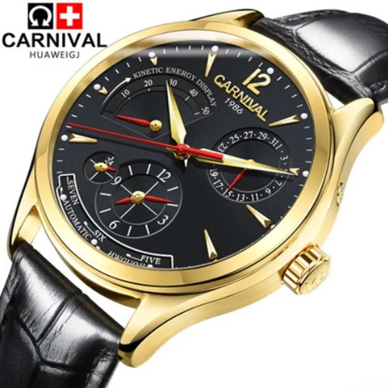 الأصلي كرنفال الأزياء الرجال ووتش الأعلى العلامة التجارية أوتوماتيكي متعدد الوظائف ووتش الرجال تقويم للماء مضيئة ساعات آلية