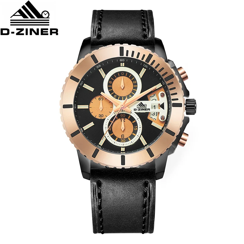 

D-ZINER Men Watches Brand Luxury Real Leather Strap Waterproof Sport Quartz Chronograph Casual Business Watch Men Wristwatch