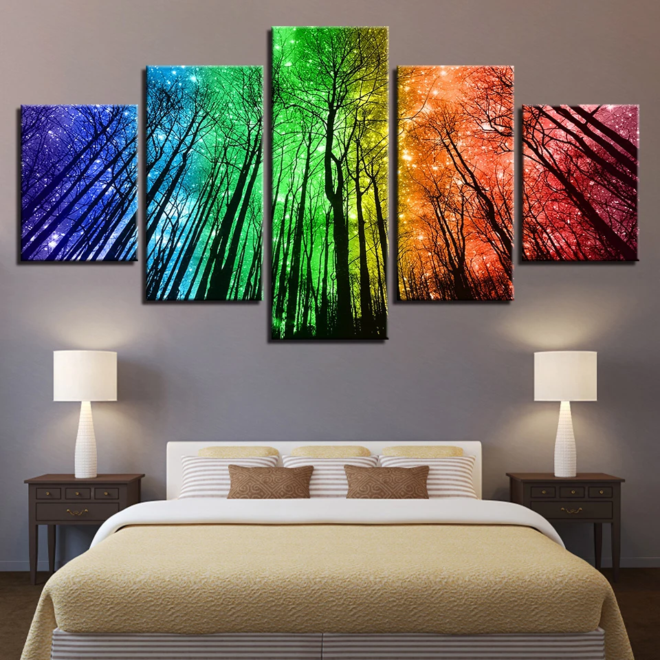 

Canvas Prints Painting Wall Art Framework 5 Pieces Color Psychedelic Forest Poster Starry Sky Trees Abstract Pictures Home Decor