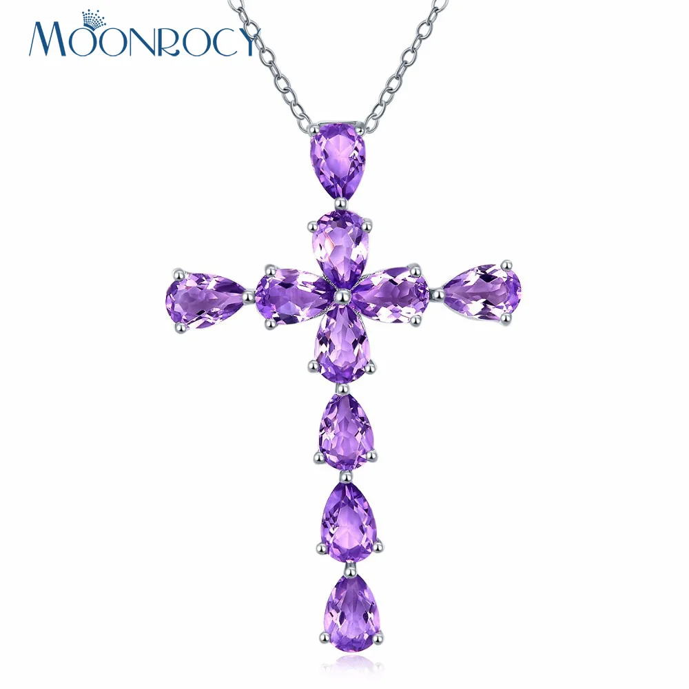 MOONROCY Silver Color CZ Purple Crystal Pendant Necklace Chokers Cross for Women Drop Shipping Womens Jewelry Wholesale Gift