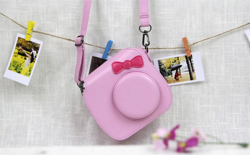 For Fujifilm Instax Mini Hello Kitty Bow-Knot Instant Film Photo Camera Carrying PU Leather Bag Case Cover with Shoulder Strap