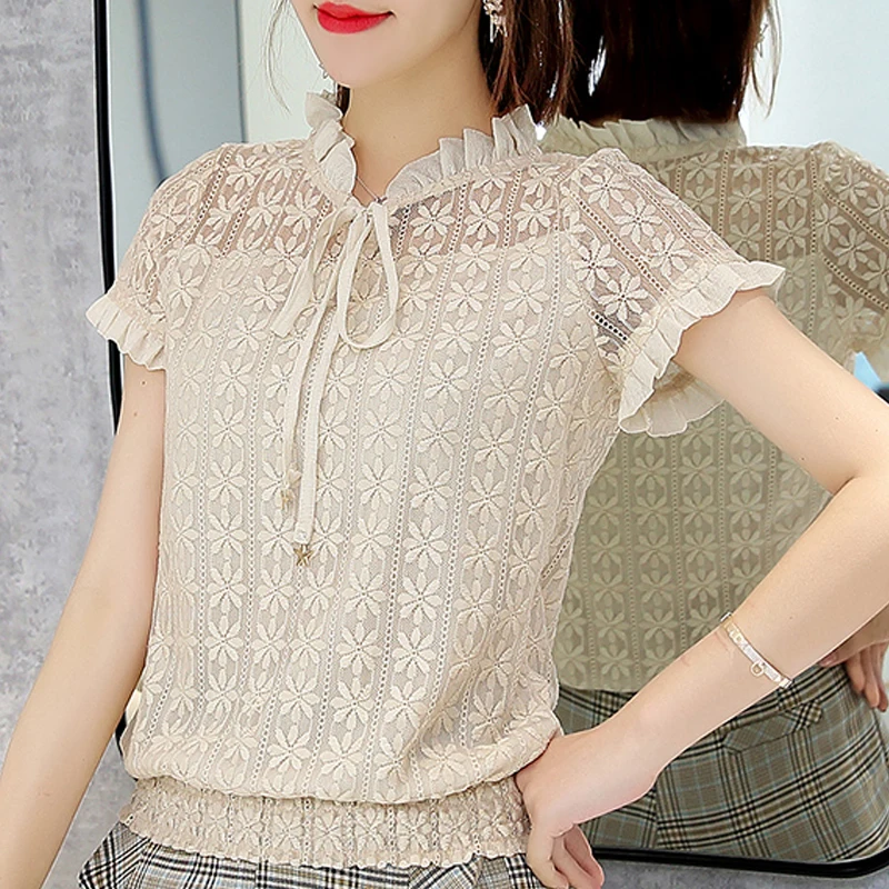 

Office Lady Casual Blouses Clothing fashion white Lace blouse summer dress new short-sleeved women blouse shirt women tops 124F3