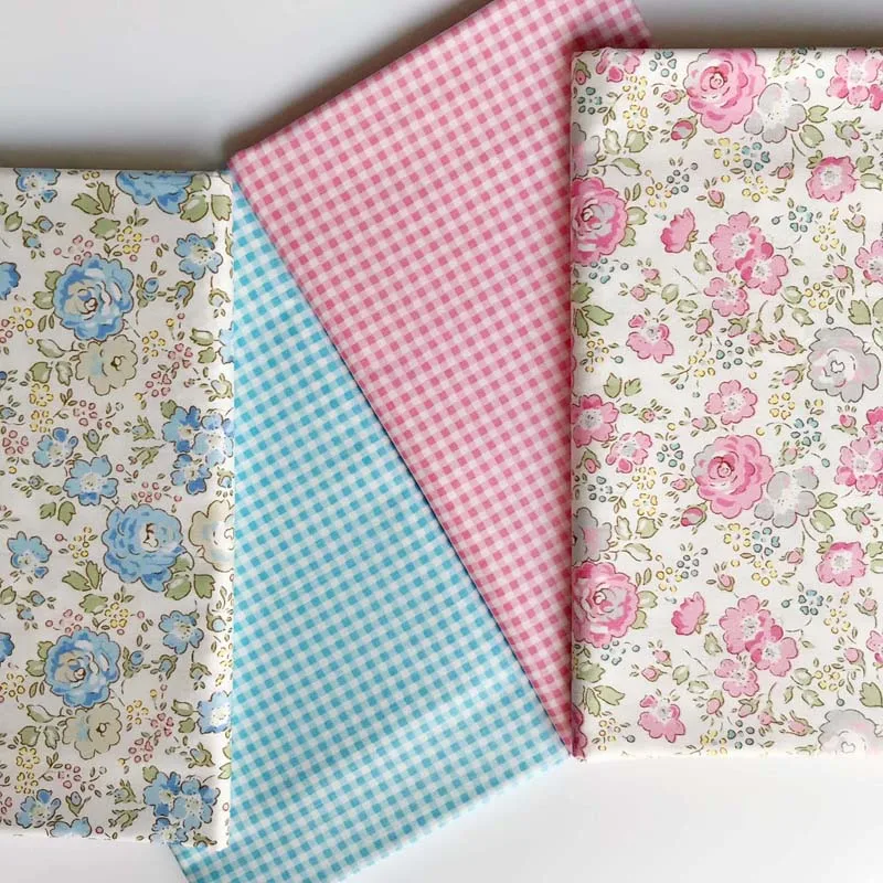 

160CM*50CM cotton cloth elegant PINK BLUE rose flowers floral check fabric for DIY kid bedding apparel dress handwork decoration