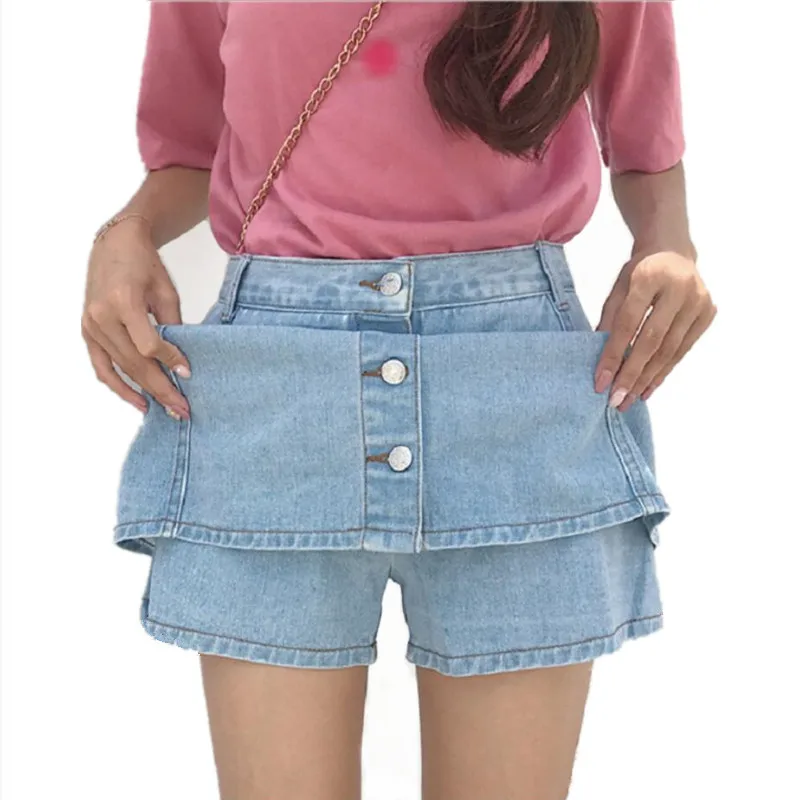 

Women Summer Casual Denim Skirt High Waist A-line Jeans Mini Skirts Lady Single Button Blue Safety Jean Skirt with Jeans pants