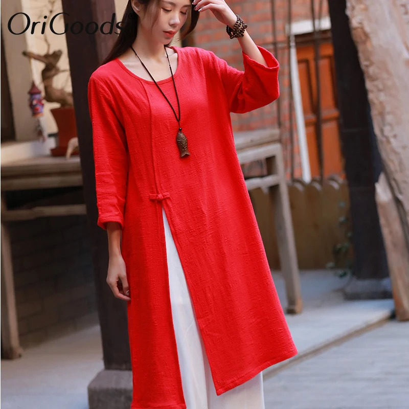 

OriGoods Vintage Long Blouse Shirt Women Chinese style Summer Long Shirt Cotton Original Long Tops Blouse 2019 Robe Femme C209
