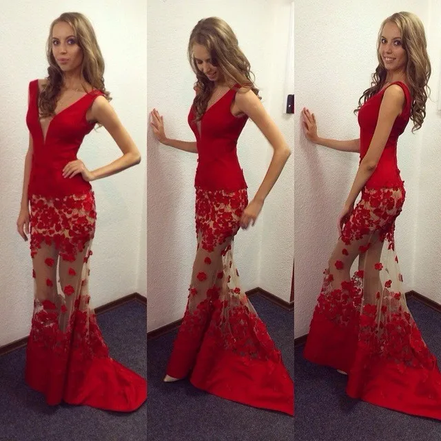 

2019 Sexy Deep V-Neck Red Mermaid Evening dress Plus Size Sleeveless Appliques Prom Dress Vestido de noche Robe de soiree longu