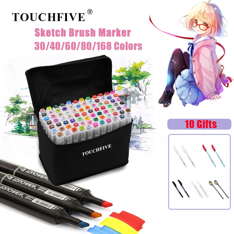 

TOUCHFIVE 30/40/60/80/168 Color Art Markers Alcohol Based Sketch Dual Brush Markers For Drawing Manga Art Supplies Pens