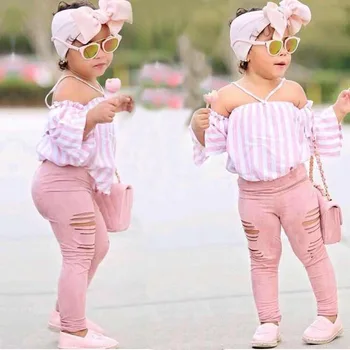 

Roimyal Wholesale Girl Meat Pink Stripe Shoulder Top + Hole Trousers + Headwear Three-piece Suit