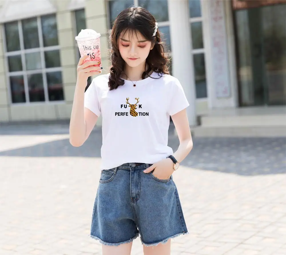 

Women's New Design Fashion Casual Leopard Short Sleeve 100% Cotton White T-Shirt