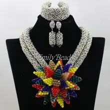 Стильный Серебряный африканских Кристалл Цепочки и ожерелья ювелирных изделий, комплект из туфлей в нигерийском стиле свадебные туфли ручной работы Африканские бусины комплект ювелирных изделий и изображениями красочного цветка ALJ166