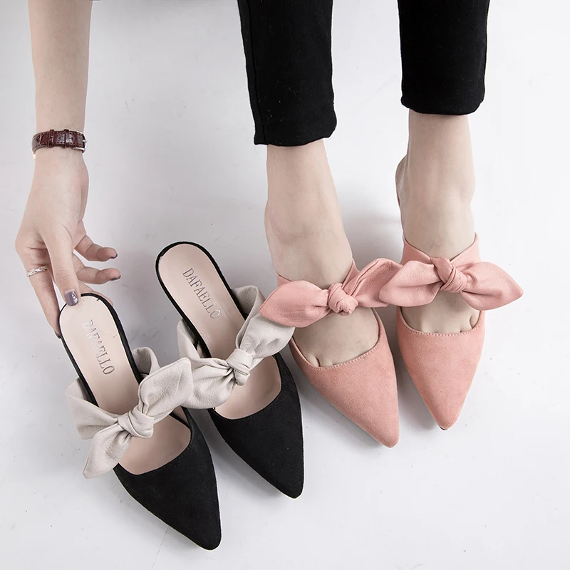 

strange thin heels summer sandals women pointed toe bow-knot slippers suede leather flip flops elegant ladies sandalias y432