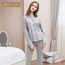 Осенние домашние пижамные комплекты для пар, Повседневная Лоскутная Пижама, комплект Женский хлопковый пижамный комплект, женская рубашка с v-образным вырезом и воротником+ штаны