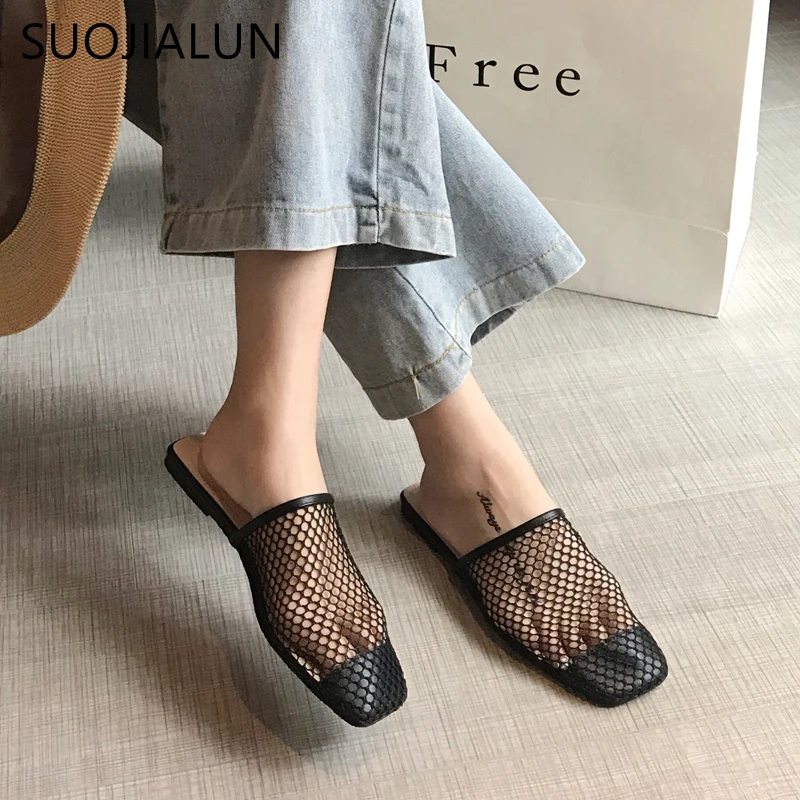 

SUOJIALUN Summer Women Mules Slipper Female Designer Mesh Fabric Ladies Sandal Round Toe Slip On Slides Flat Flip Flop