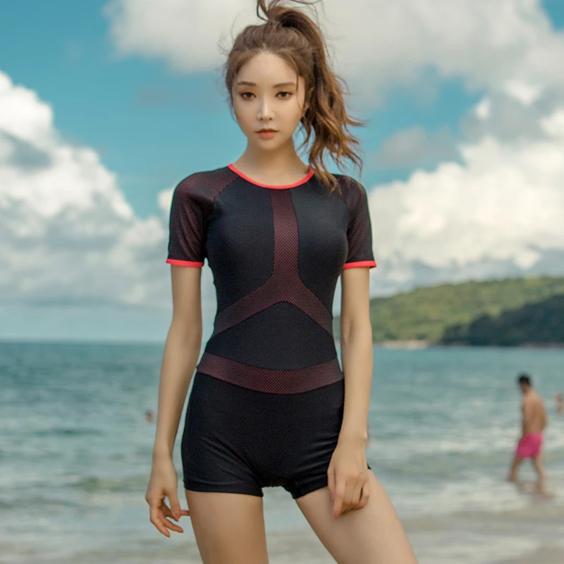Mesh Patchwork Rash Guard Women Solid Swimwear Short Sleeve Swimsuit Shorts Surfing Suit Black Bathing Suit Korea Diving Clothes