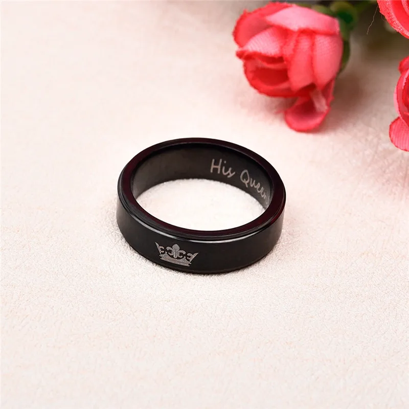 YAKAMOZ Fashion Stainless Steel Couple Rings Black Crown Her King His Queen Couple Jewelry Anniversary Valentine's Day Gifts