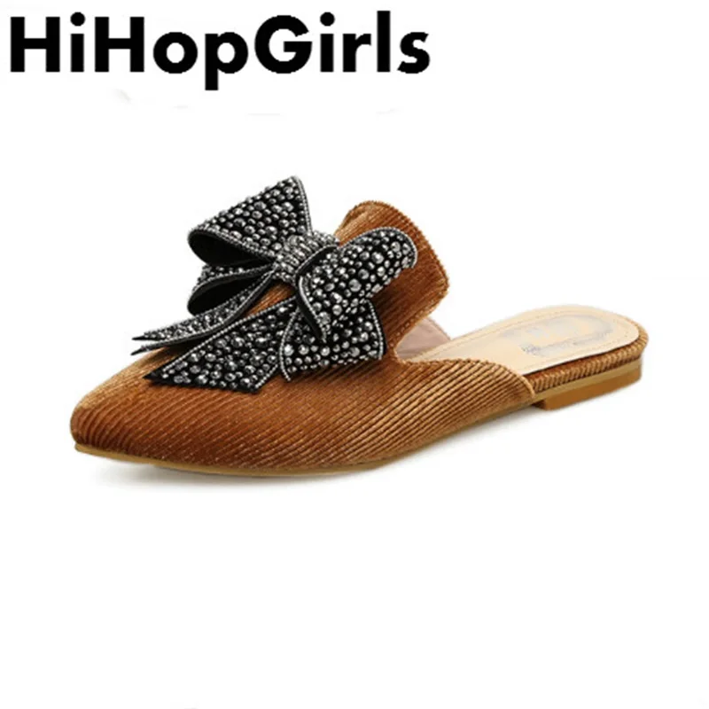 

HiHopGirls 2018 new Summer fashion Roman Rhinestone Bowknot Baotou flip flop Women Pumps Shoes Solid color Suede Woman sandals