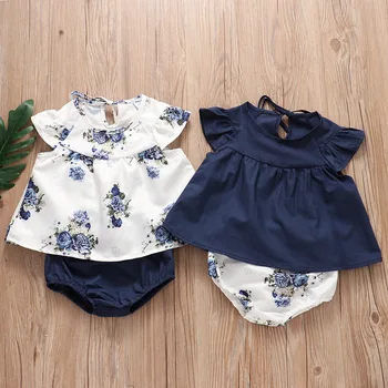

infant baby clothing girls summer fly sleeve flower bodysuit floral bottoms solid newborn baby girls clothes sets 2pcs 0-24M