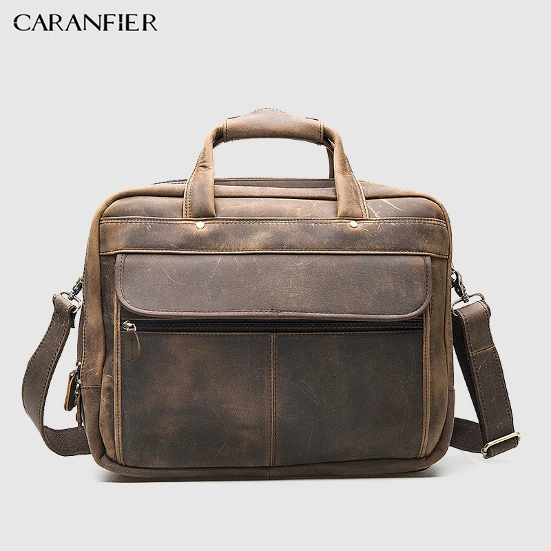 Мужской портфель CARANFIER деловой из воловьей кожи 16 дюймов на молнии для