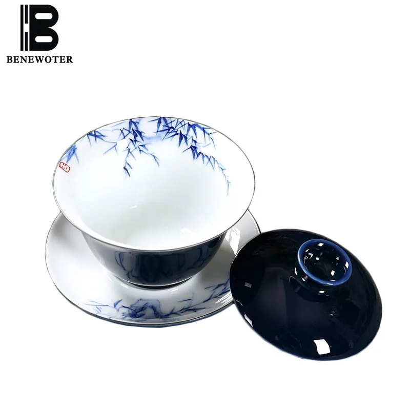 

180cc Chinese Style Blue Ceramic Porcelain Gaiwan Hand Painted Bamboo Pattern Vintage Tea Bowl with Lid Saucer Drinkware Teapots