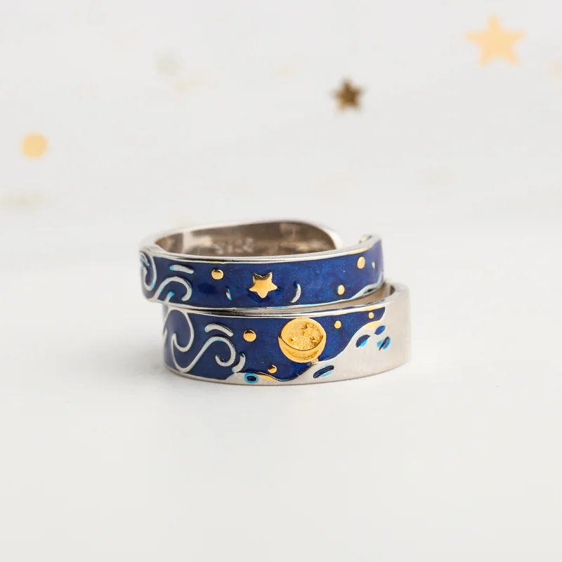 

LISTE&LUKE Authentic Van Gogh's Enamel Rings 925 Silver Glitter Deer Sky Gold Moon Star Canvas Ring Romantic Jewelry for Women