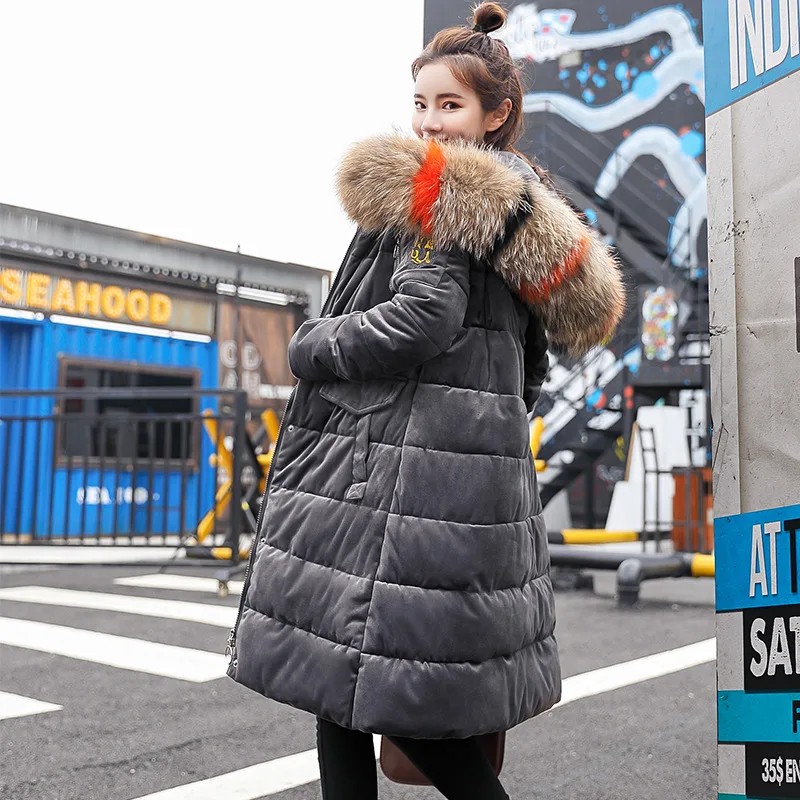 Mode D'hiver Outwear Snowear Veste Fourrure Suede noir Capuche Mince Long 2018 Femelle Nouveau Down Manteau Chaud Coloré gris marron Épais Grand rose Beige Parkas navy Femmes wZFqHvv