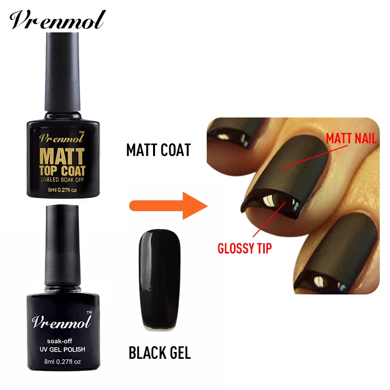 Vrenmol 8 мл черный цвет лака для ногтей+ матовый Matte Top Coat УФ гель лак французский Nail лакировки клей акриловый гель Nail Art Набор