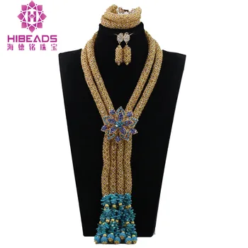 

Fashion Champagne Gold Crystal African Jewelry Sets Nigerian Wedding Beads Coral Beads Pendant Necklace Set QW1177