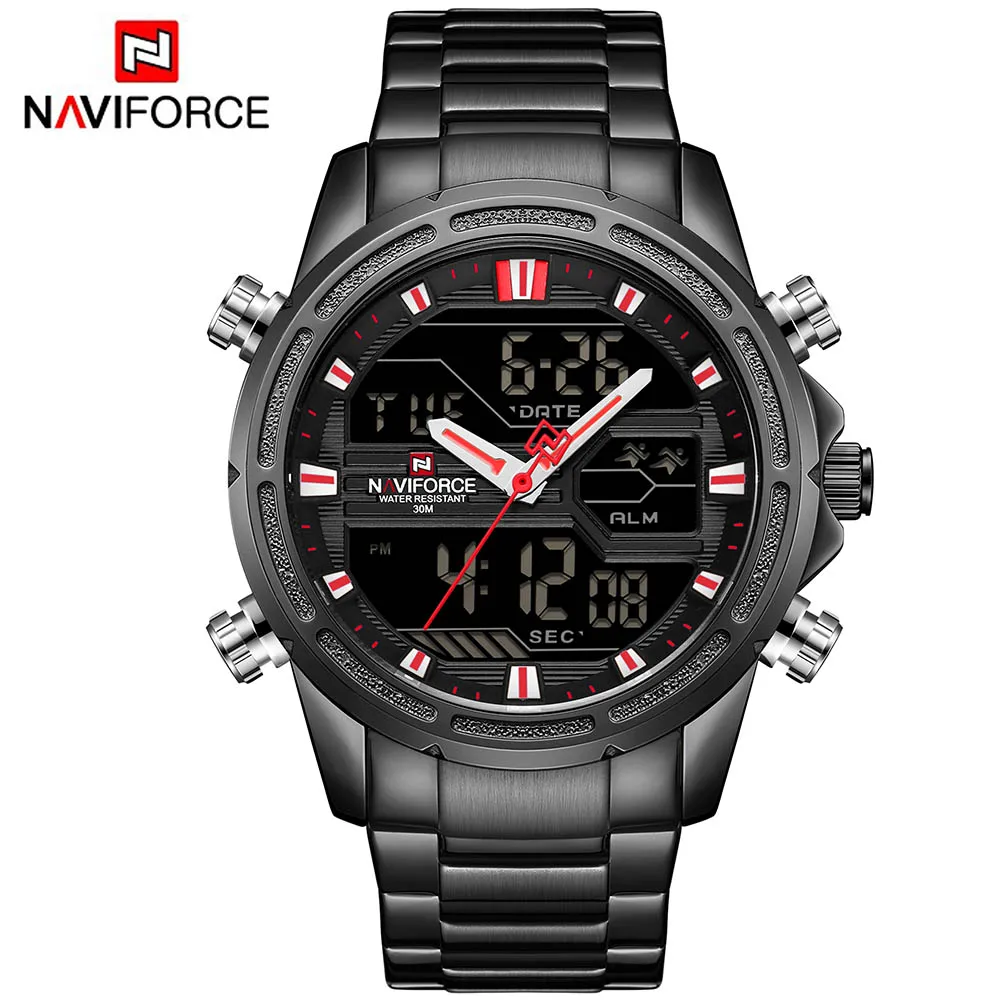 NAVIFORCE 9138 S Роскошные Брендовые мужские часы, модные спортивные часы, мужские водонепроницаемые кварцевые мужские военные наручные часы из нержавеющей стали - Цвет: Black Red