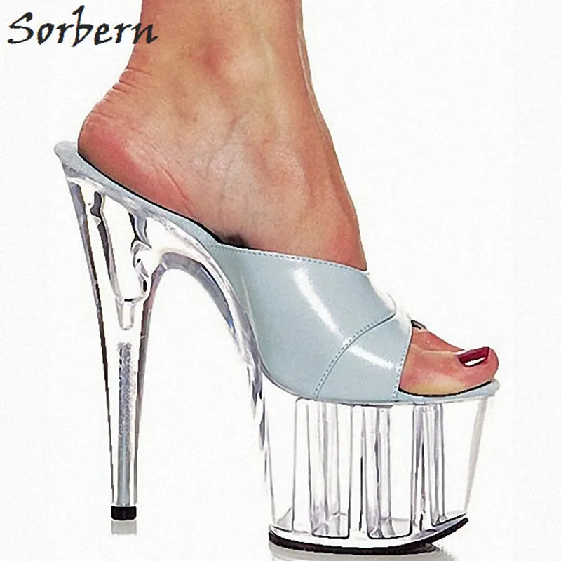 

Sorbern Elegant Light Blue Women Slippers Summer 2018 New Platform Shoes 15Cm High Heel Slides Women Open Toe Platform Slippers