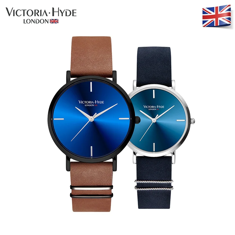 

VICTORIA HYDE Lovers Watch Business Second Hand Clear Dial Replaceable Leather Strap Men Women Watches 30ATM Waterproof
