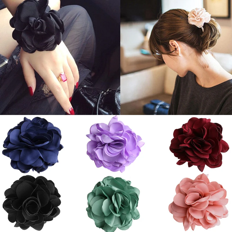 

Women Elastic Rope Hair Band Wine Red Rose Flower Ponytail Holder Scrunchie Accessories