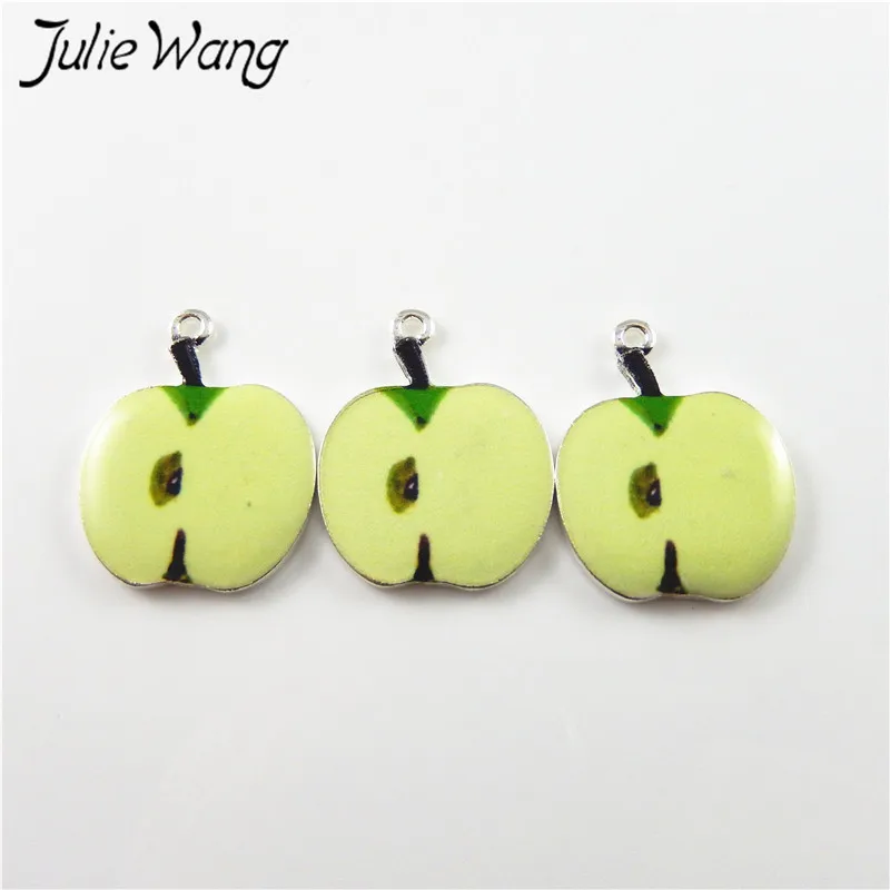 Julie Wang 10pcs Green Apple Kiwi Orange Strawberry Cute Fruit Shape Enamel Alloy Little Charms Women Jewelry Findings Hot Sale